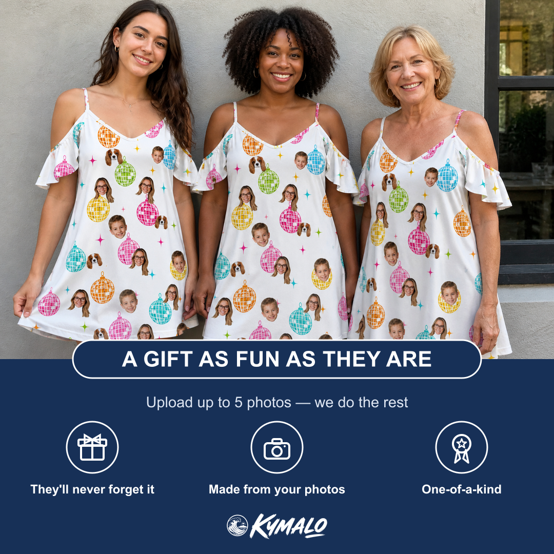 Friends in matching Women's Disco Darling Custom Face Off-Shoulder Dress — a group gift photo