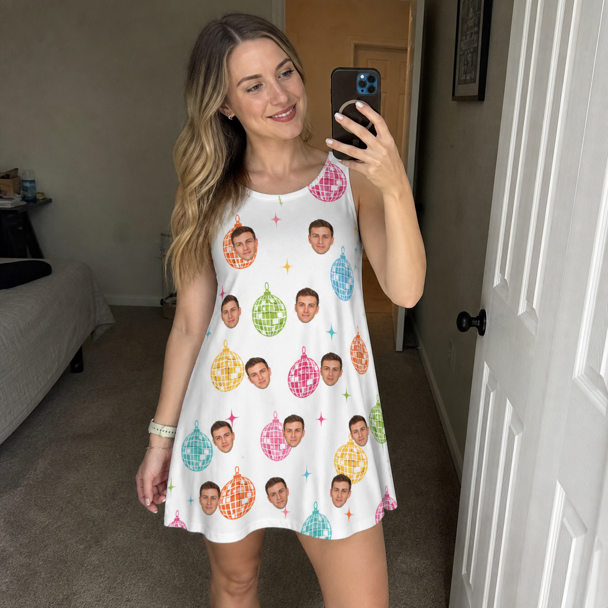 Real-life photo of someone wearing Women's Disco Darling Custom Face Tank Dress — custom faces printed all-over
