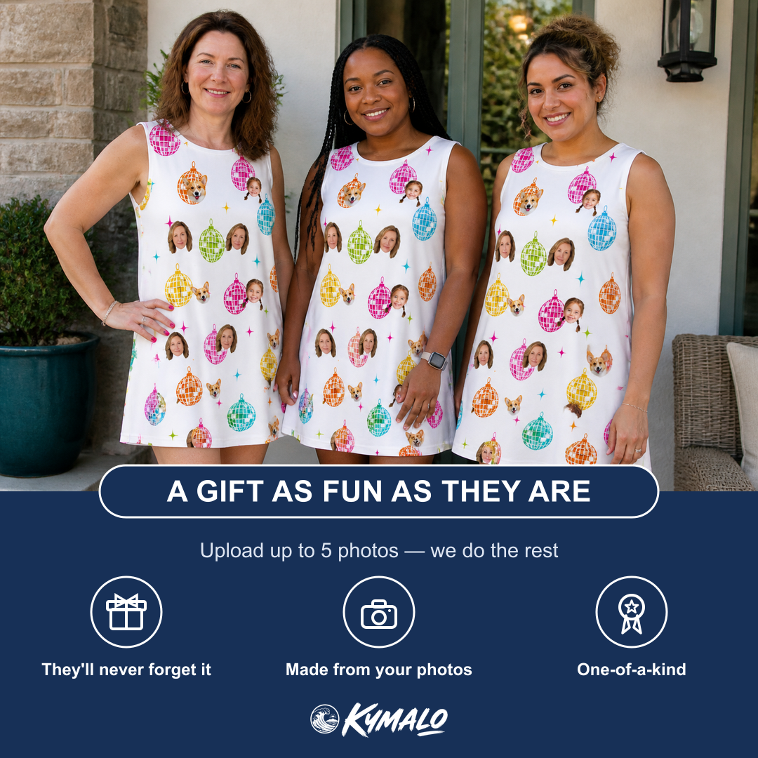 Friends in matching Women's Disco Darling Custom Face Tank Dress — a group gift photo