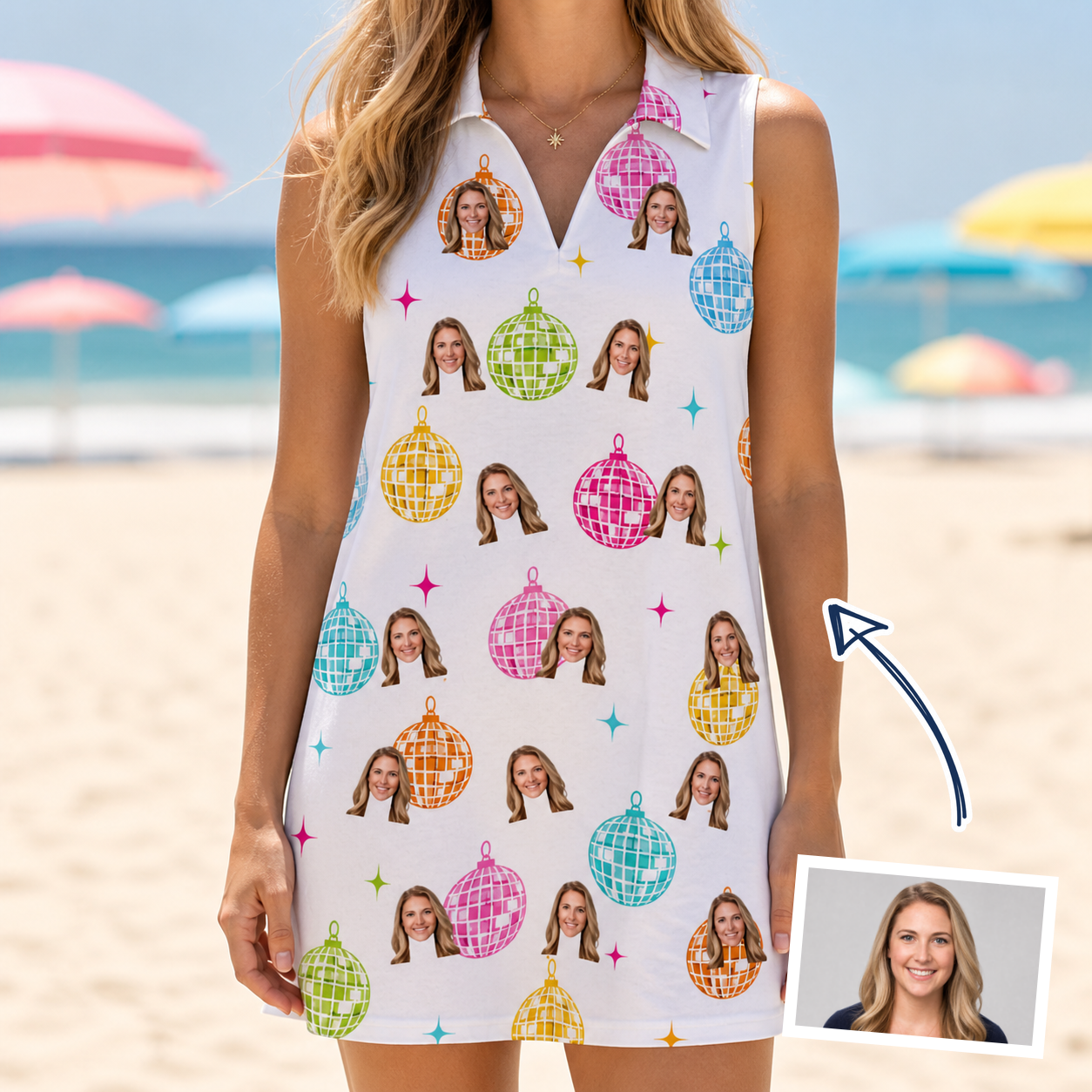 Woman wearing Women's Disco Darling Custom Face V-Neck Dress — custom faces printed all-over