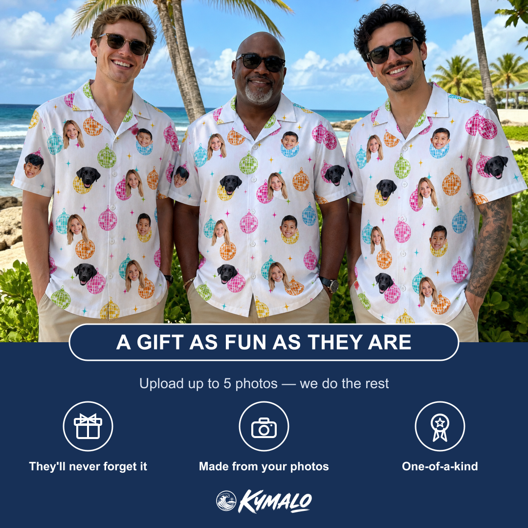 Friends in matching Men's Disco Darling Custom Face Hawaiian Shirt — a group gift photo