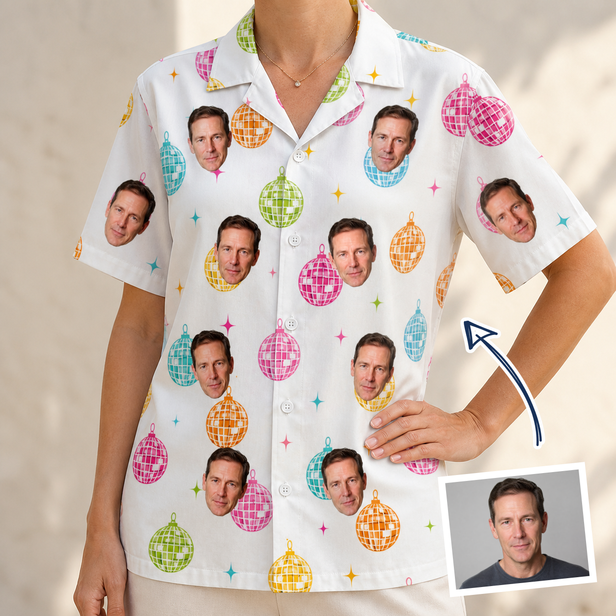 Woman wearing Women's Disco Darling Custom Face Hawaiian Shirt — custom faces printed all-over