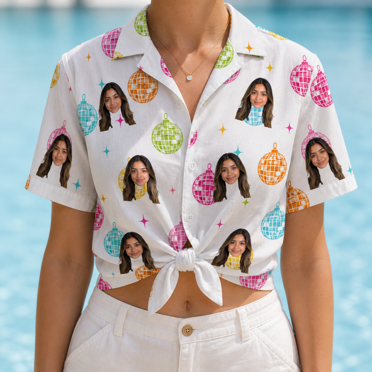 Woman wearing Women's Disco Darling Custom Face Hawaiian Shirt tied at the waist