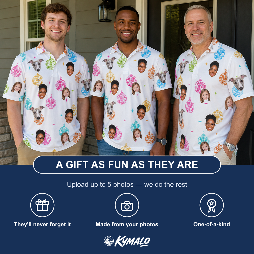 Friends in matching Men's Disco Darling Custom Face Polo Shirt — a group gift photo