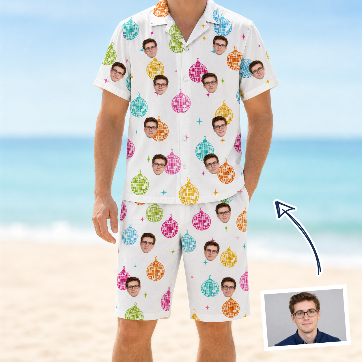 Man wearing Men's Disco Darling Custom Face Shirt & Shorts Set — custom faces printed all-over