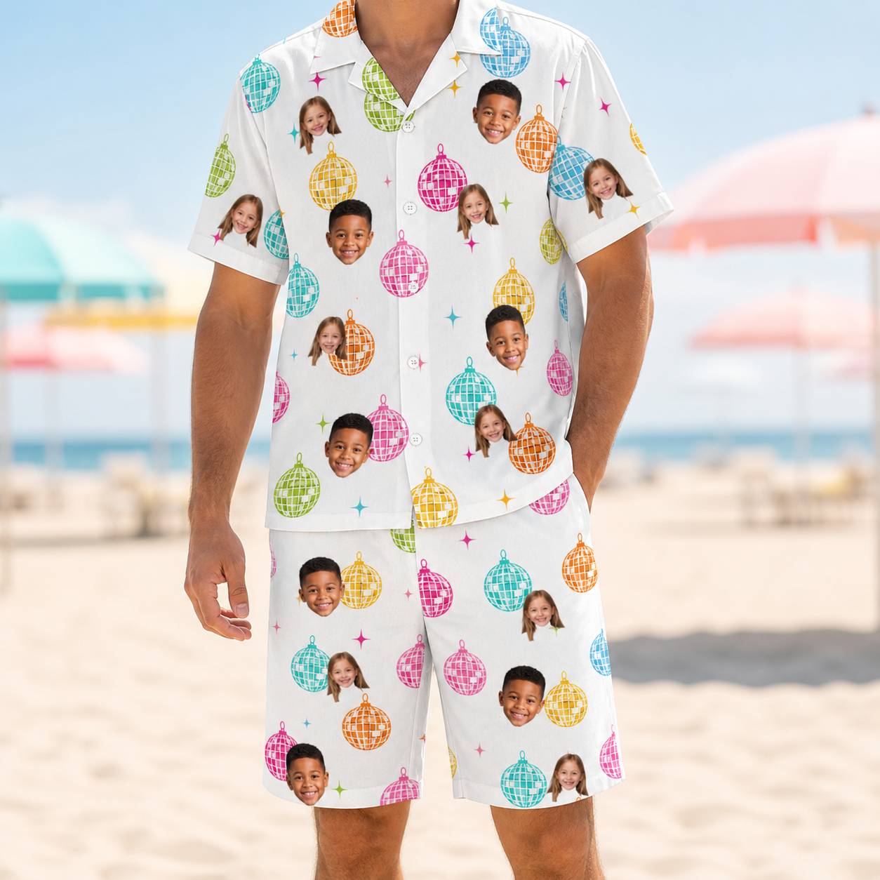 Model wearing Men's Disco Darling Custom Face Shirt & Shorts Set printed with kids' faces