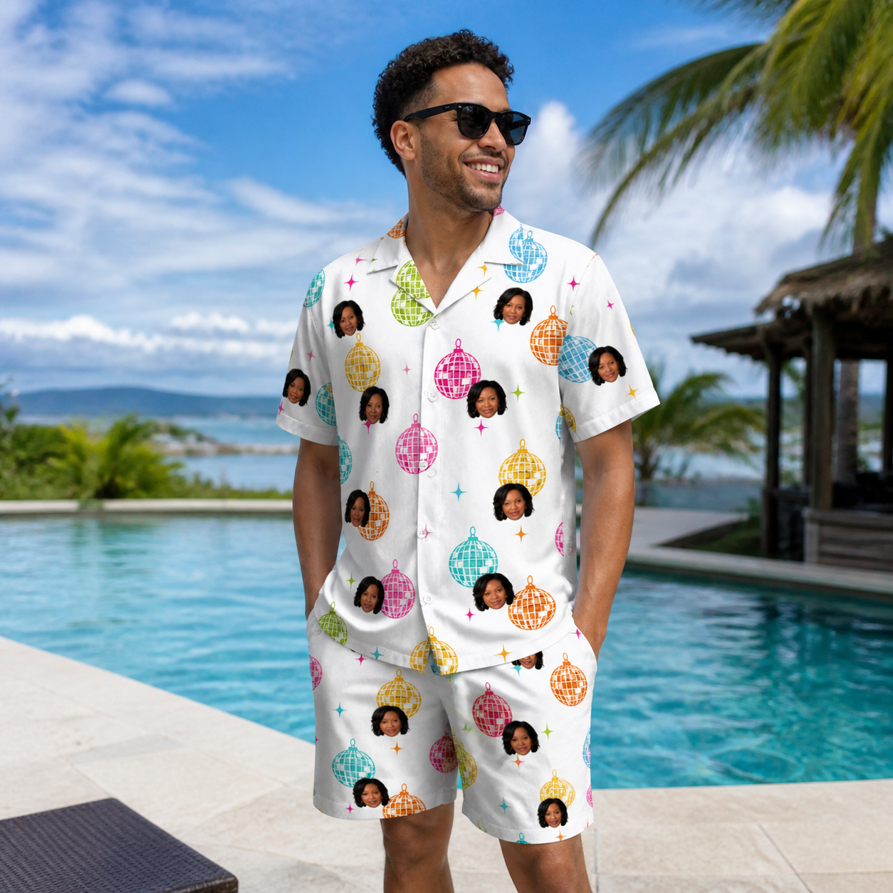 Real-life photo of someone wearing Men's Disco Darling Custom Face Shirt & Shorts Set — custom faces printed all-over