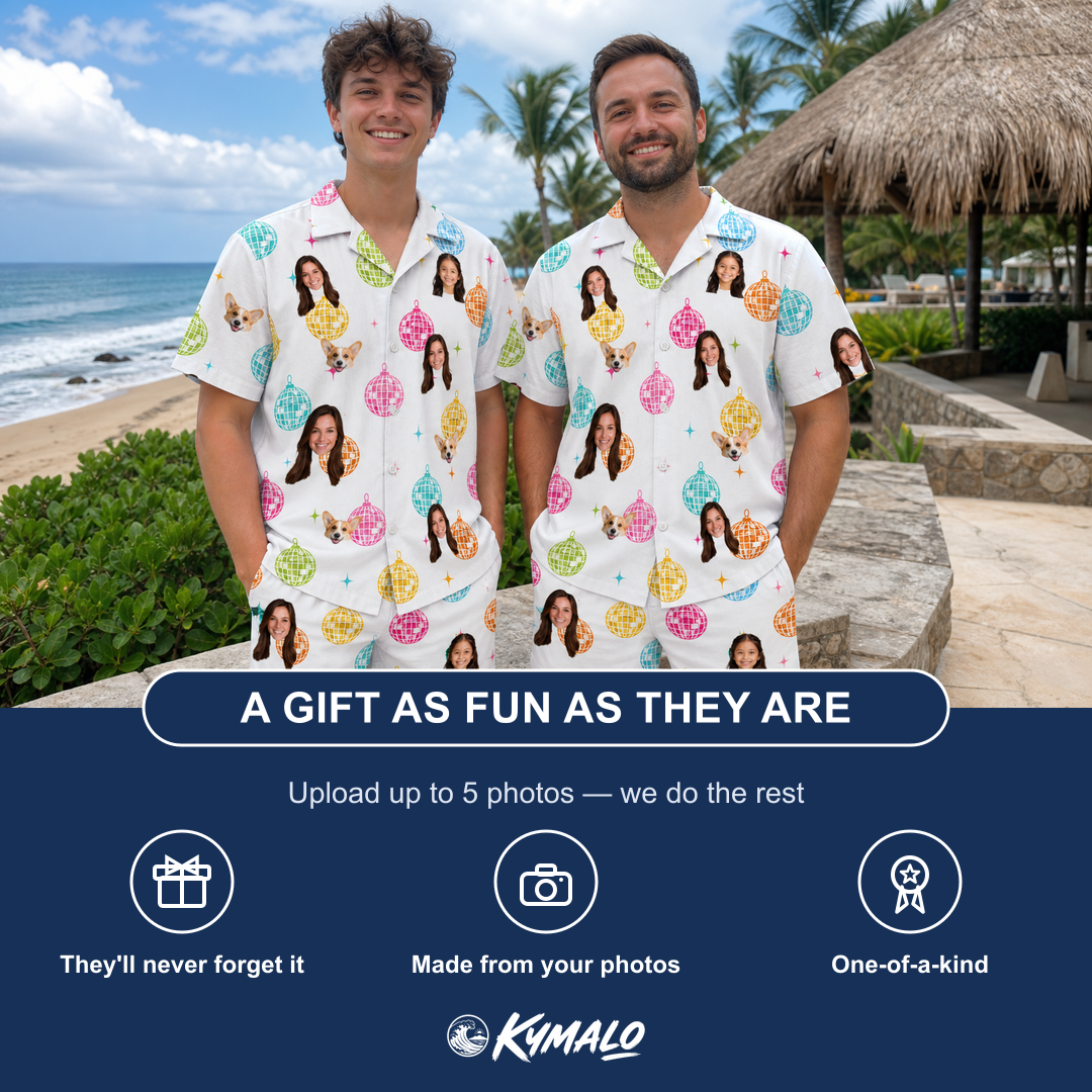 Friends in matching Men's Disco Darling Custom Face Shirt & Shorts Set — a group gift photo