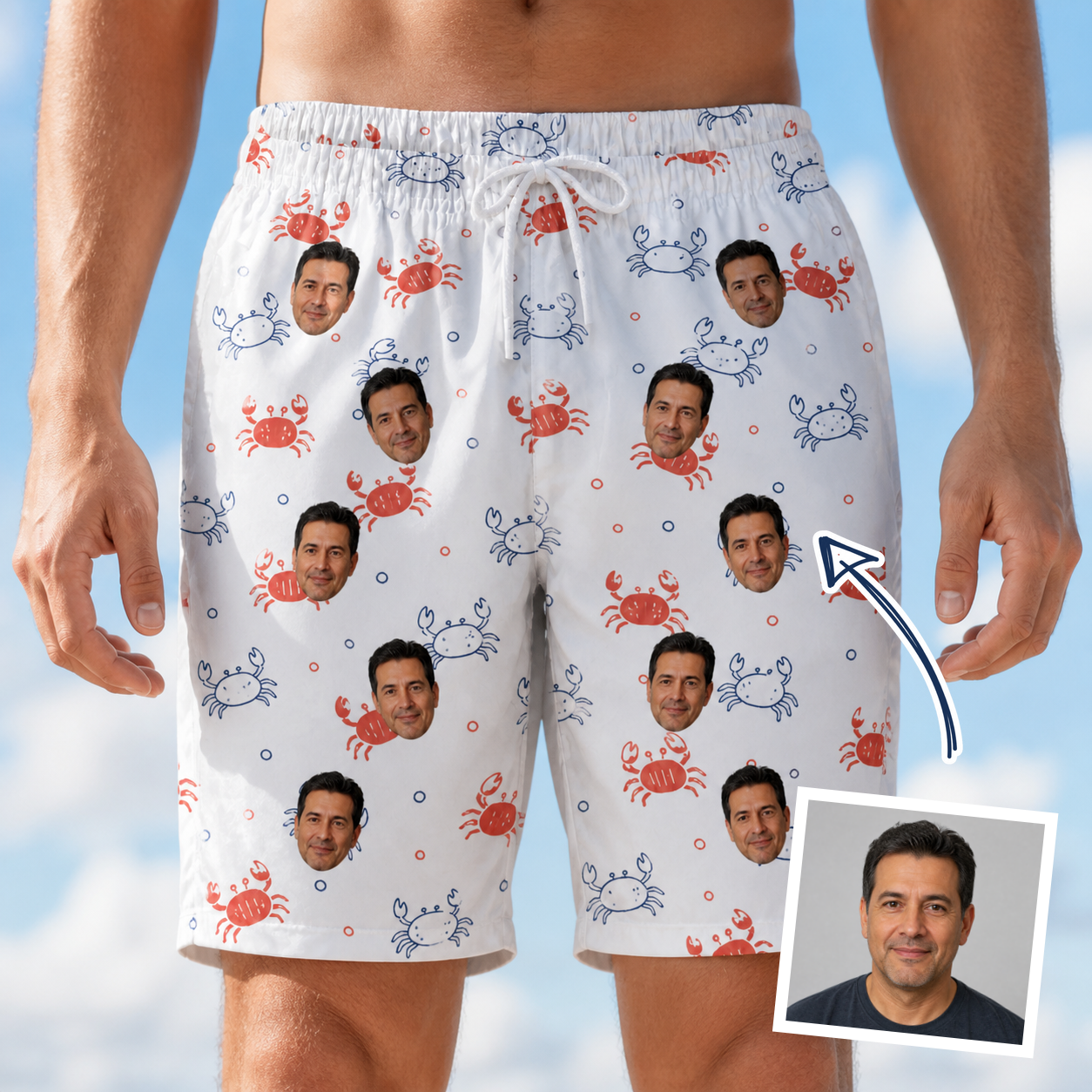 Man wearing Men's Crab Capers Custom Face Beach Shorts — custom faces printed all-over
