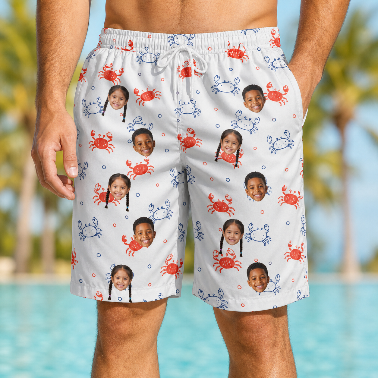 Model wearing Men's Crab Capers Custom Face Beach Shorts printed with kids' faces