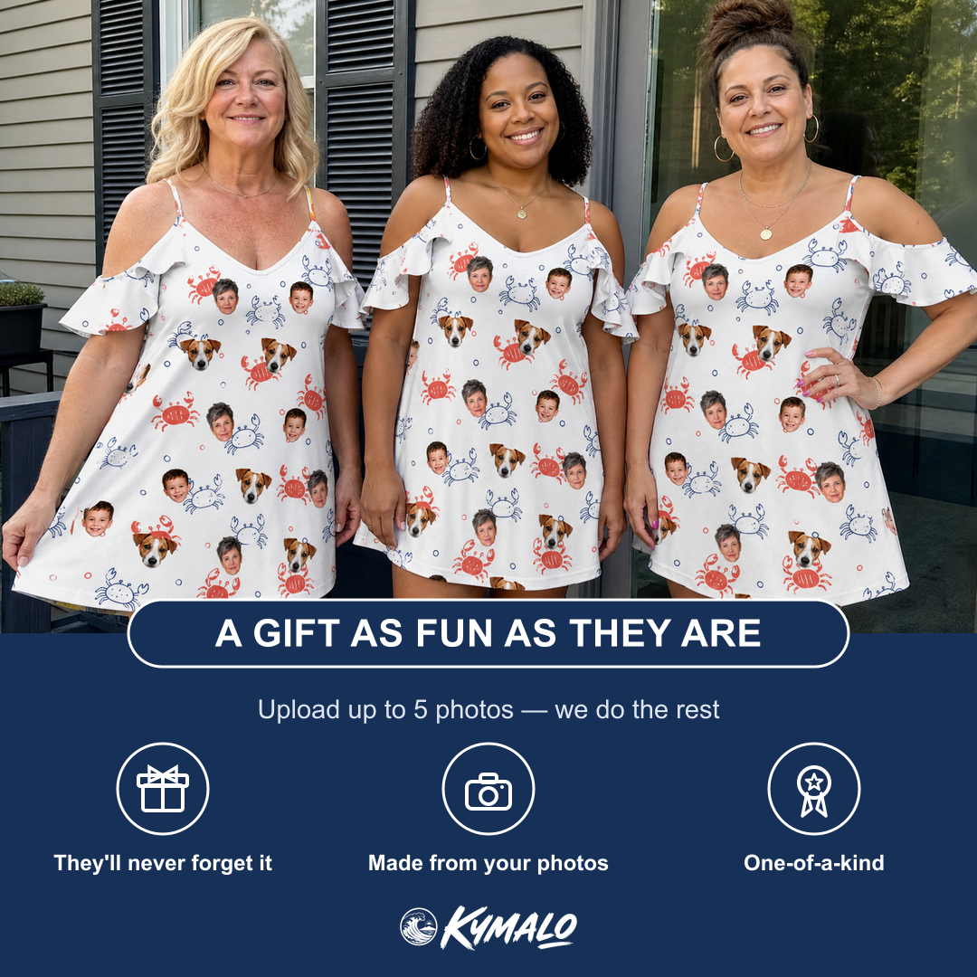 Friends in matching Women's Crab Capers Custom Face Off-Shoulder Dress — a group gift photo