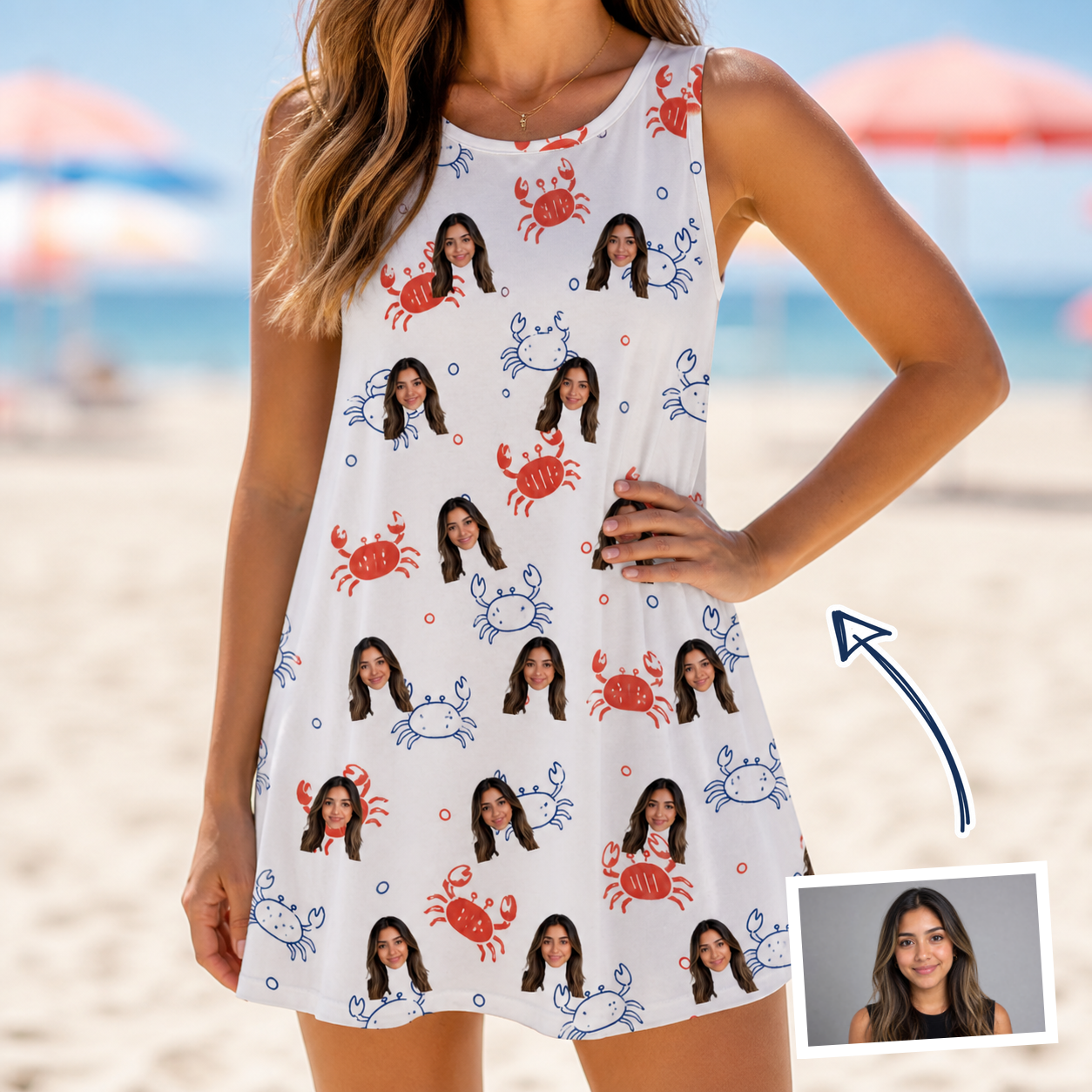 Woman wearing Women's Crab Capers Custom Face Tank Dress — custom faces printed all-over