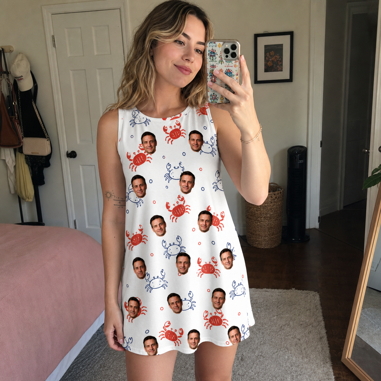 Real-life photo of someone wearing Women's Crab Capers Custom Face Tank Dress — custom faces printed all-over