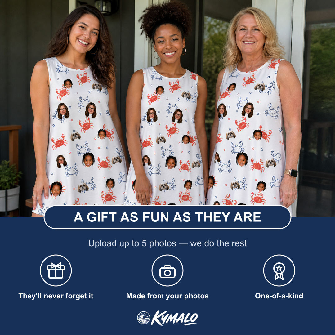 Friends in matching Women's Crab Capers Custom Face Tank Dress — a group gift photo
