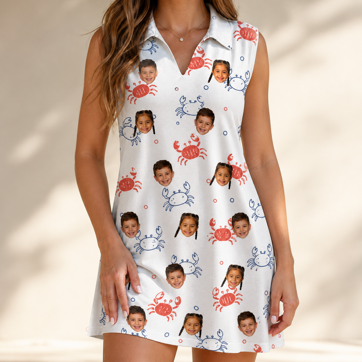 Model wearing Women's Crab Capers Custom Face V-Neck Dress printed with kids' faces