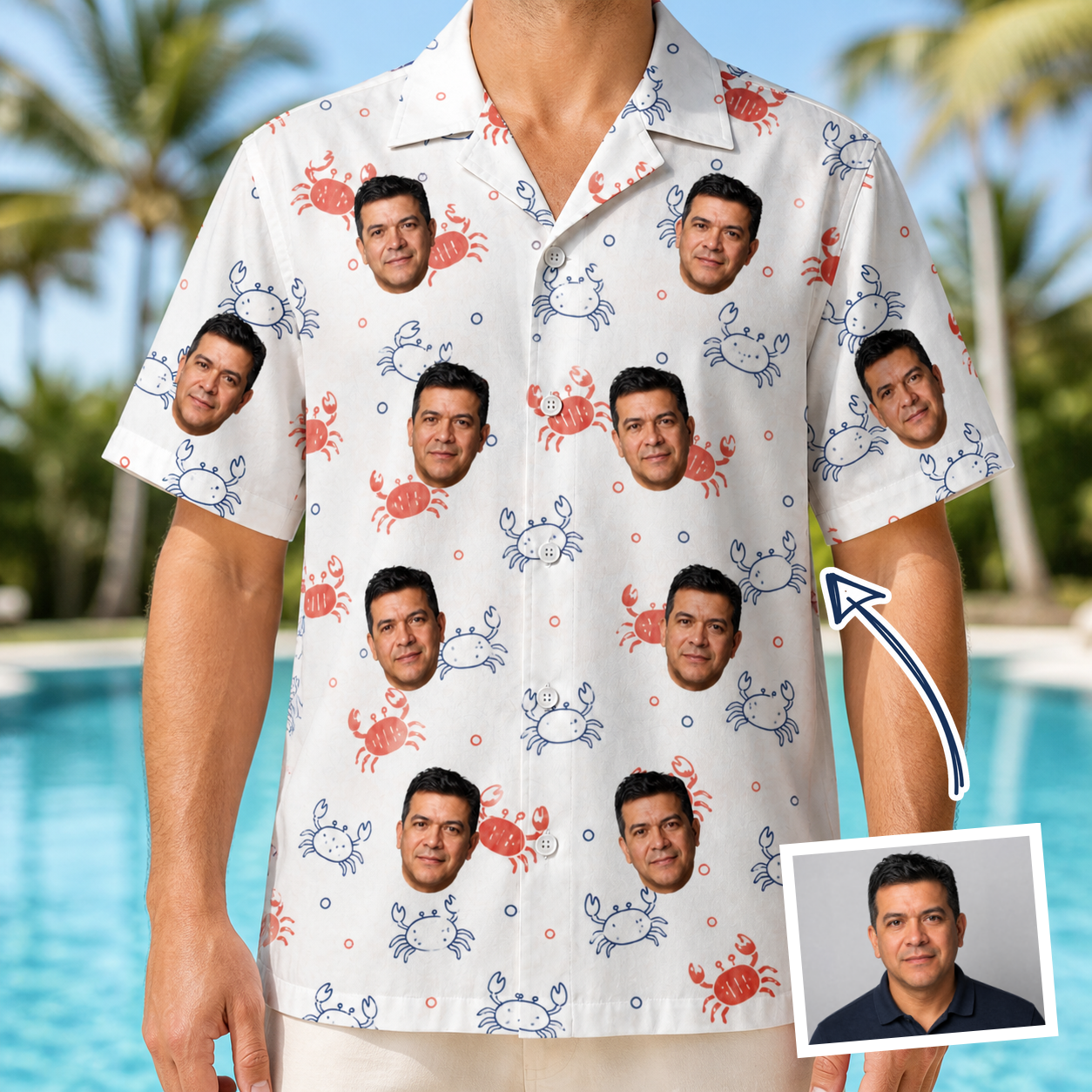 Man wearing Men's Crab Capers Custom Face Hawaiian Shirt — custom faces printed all-over