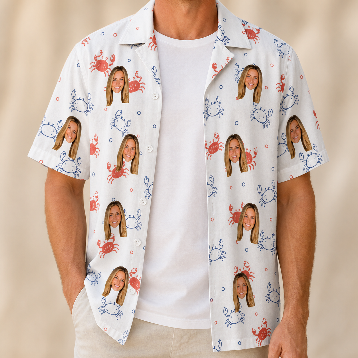 Man wearing Men's Crab Capers Custom Face Hawaiian Shirt open over a white tee