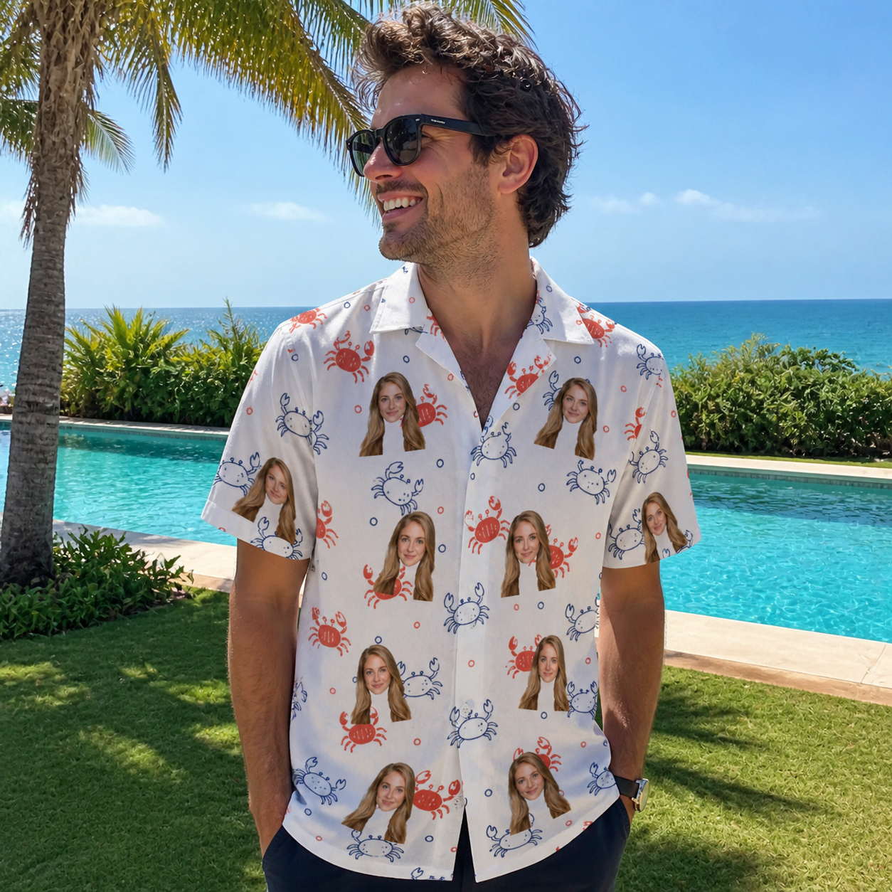 Real-life photo of someone wearing Men's Crab Capers Custom Face Hawaiian Shirt — custom faces printed all-over