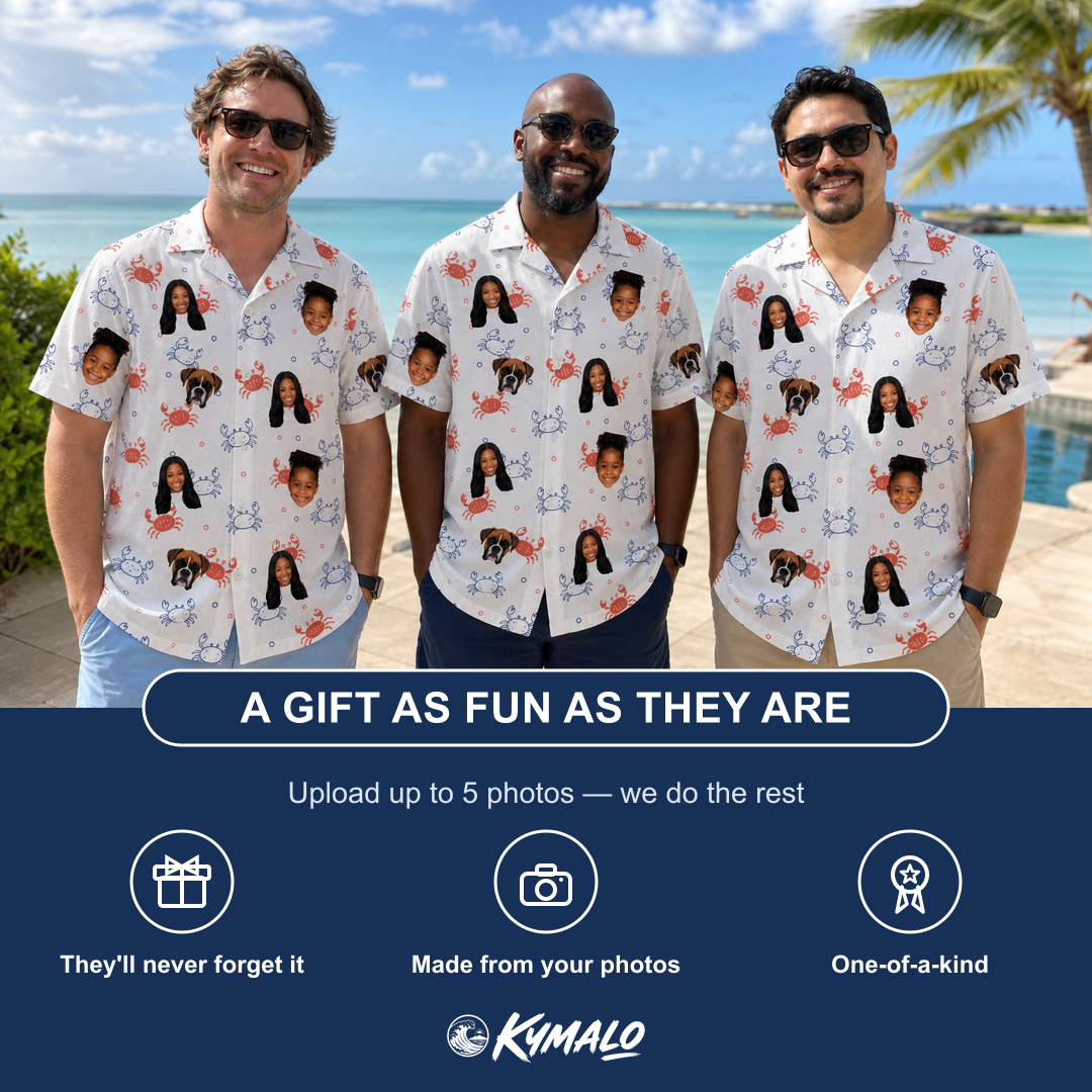 Friends in matching Men's Crab Capers Custom Face Hawaiian Shirt — a group gift photo