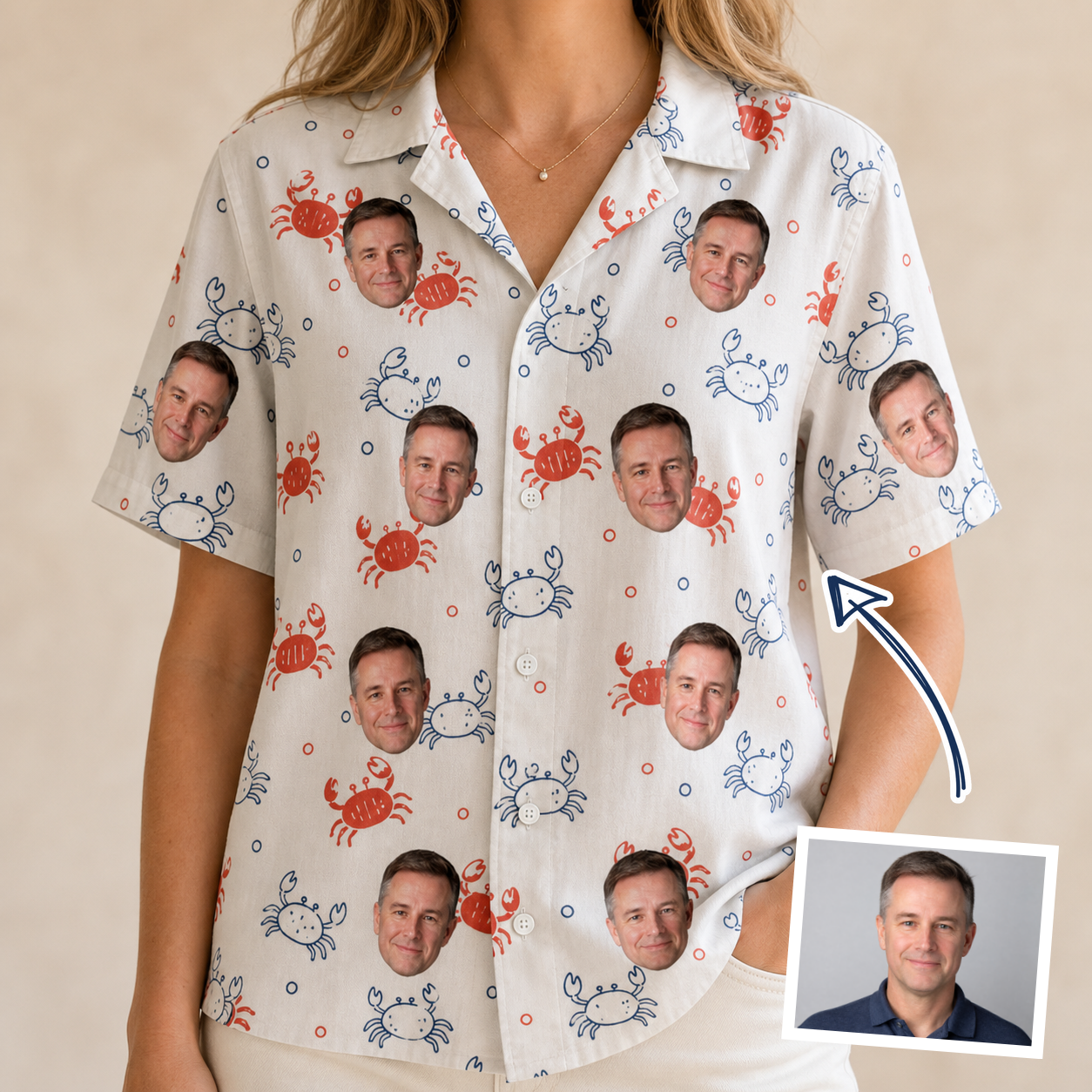 Woman wearing Women's Crab Capers Custom Face Hawaiian Shirt — custom faces printed all-over