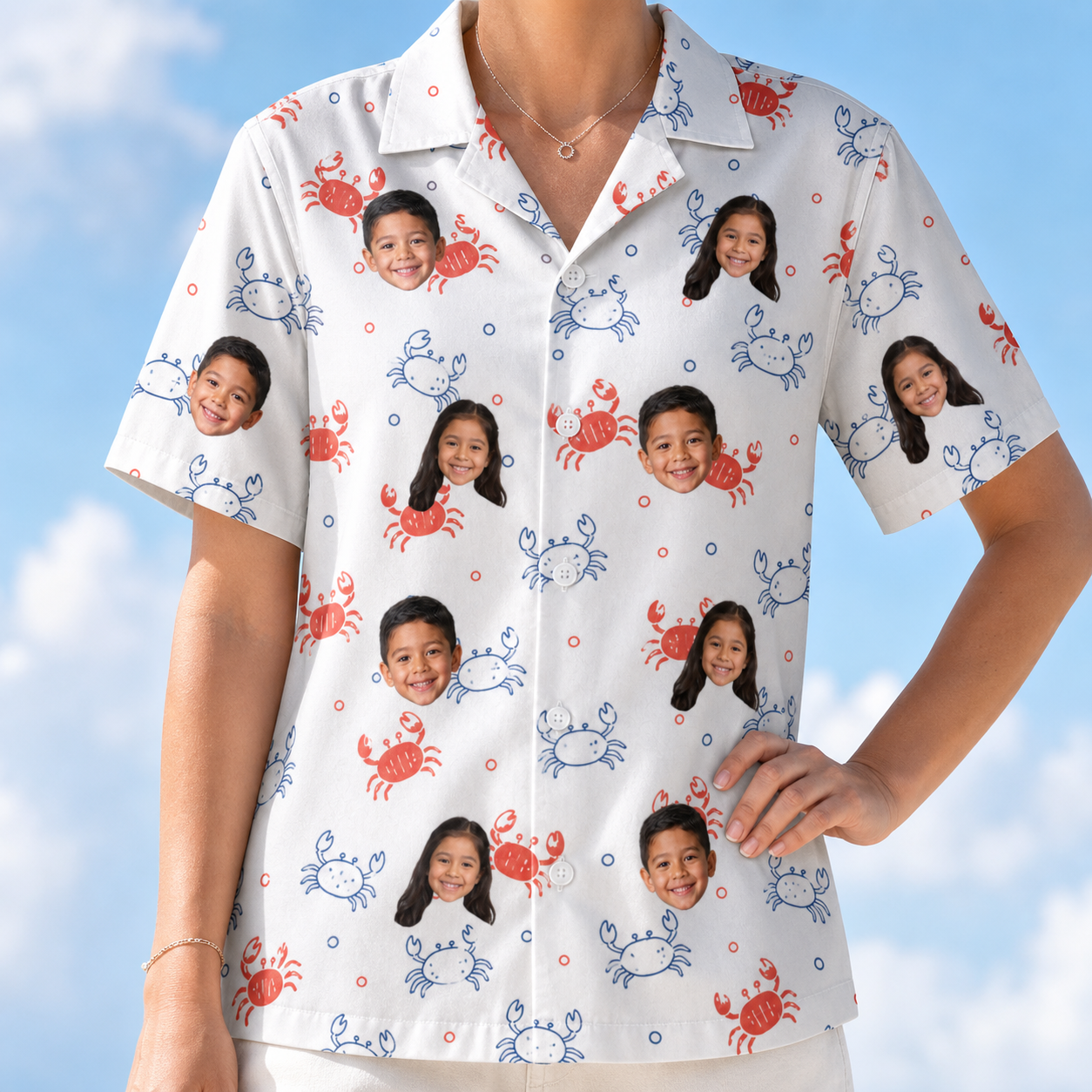 Model wearing Women's Crab Capers Custom Face Hawaiian Shirt printed with kids' faces