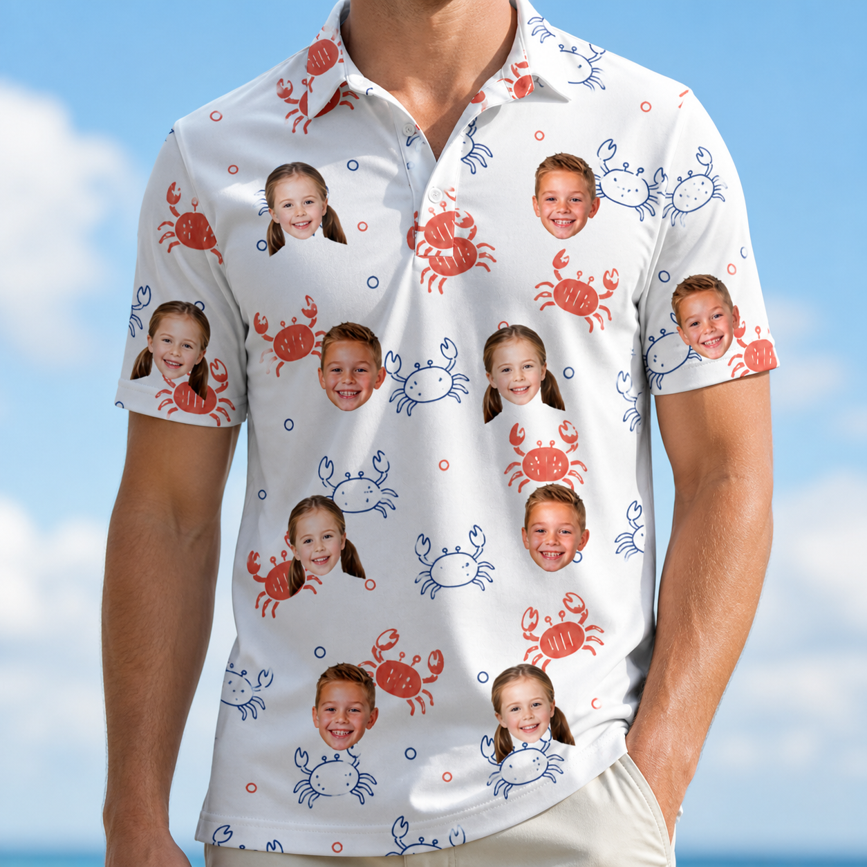 Model wearing Men's Crab Capers Custom Face Polo Shirt printed with kids' faces