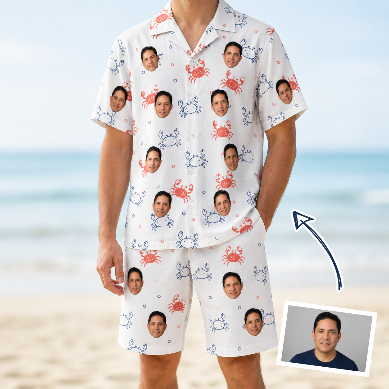 Man wearing Men's Crab Capers Custom Face Shirt & Shorts Set — custom faces printed all-over