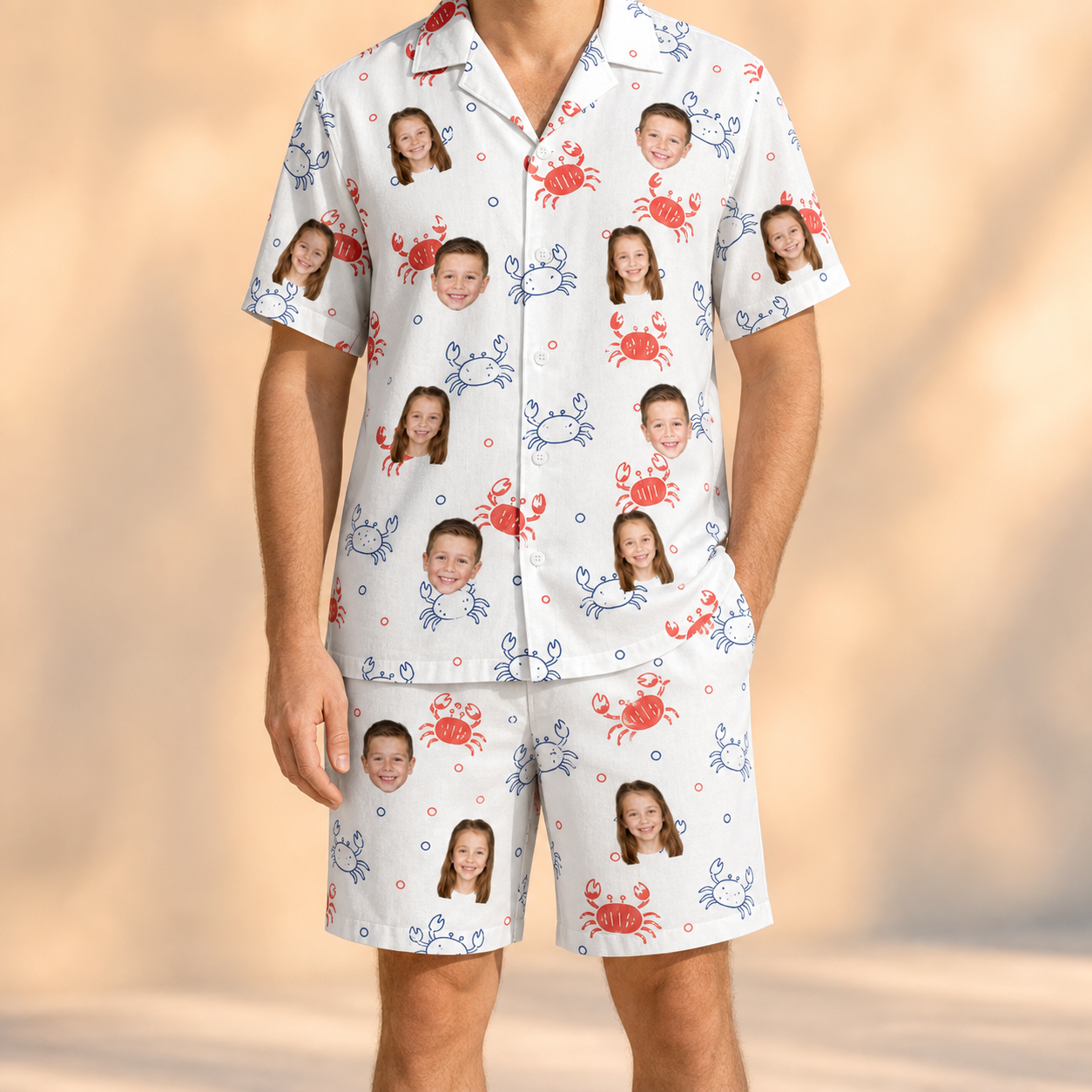 Model wearing Men's Crab Capers Custom Face Shirt & Shorts Set printed with kids' faces