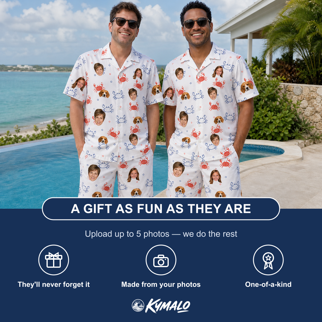 Friends in matching Men's Crab Capers Custom Face Shirt & Shorts Set — a group gift photo