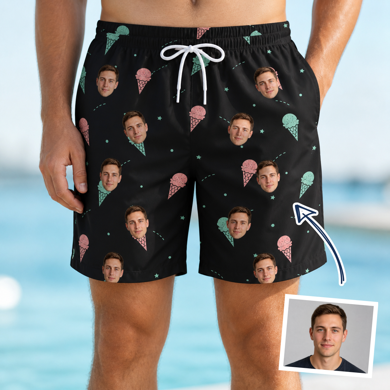 Man wearing Men's Sundae Shore Custom Face Beach Shorts — custom faces printed all-over