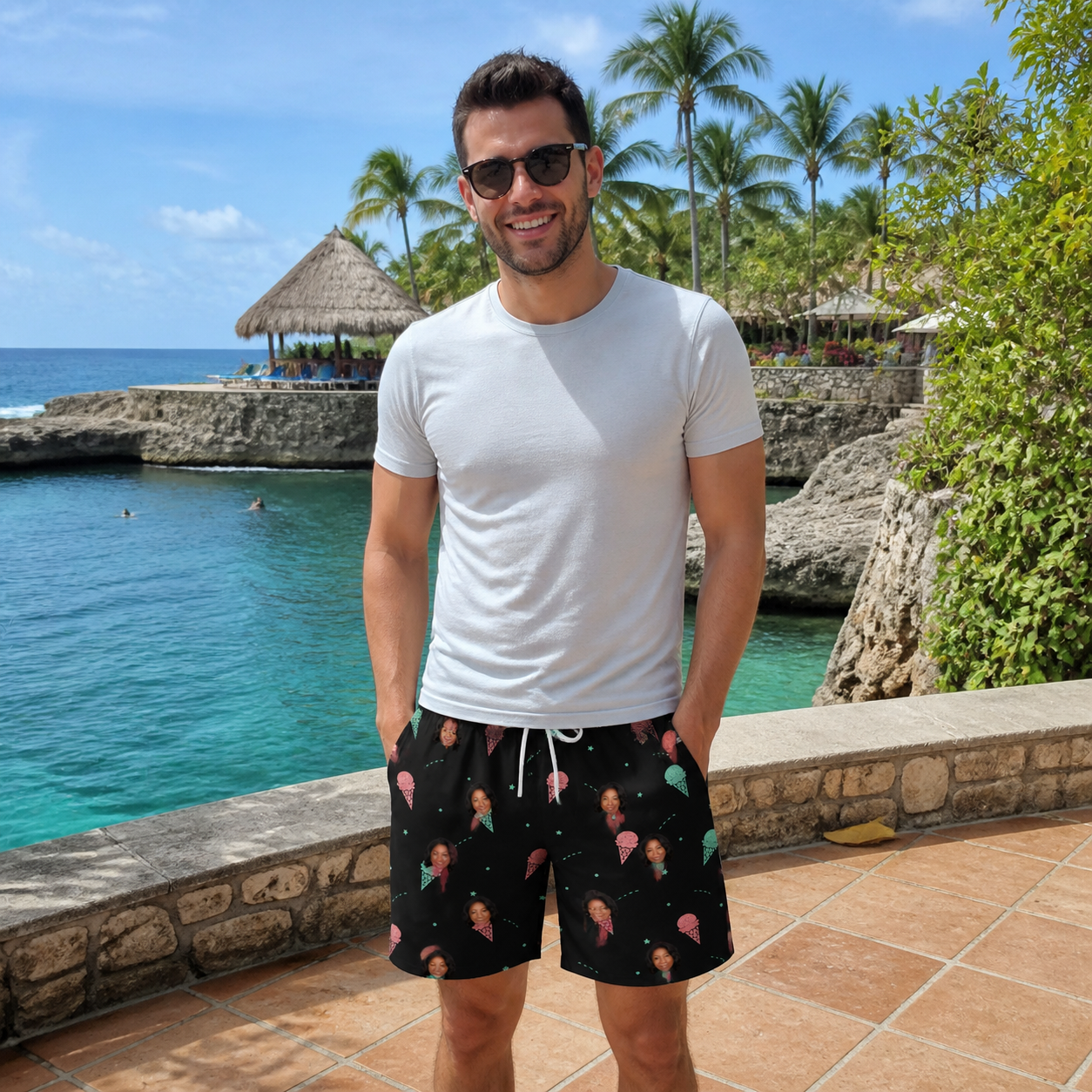 Real-life photo of someone wearing Men's Sundae Shore Custom Face Beach Shorts — custom faces printed all-over
