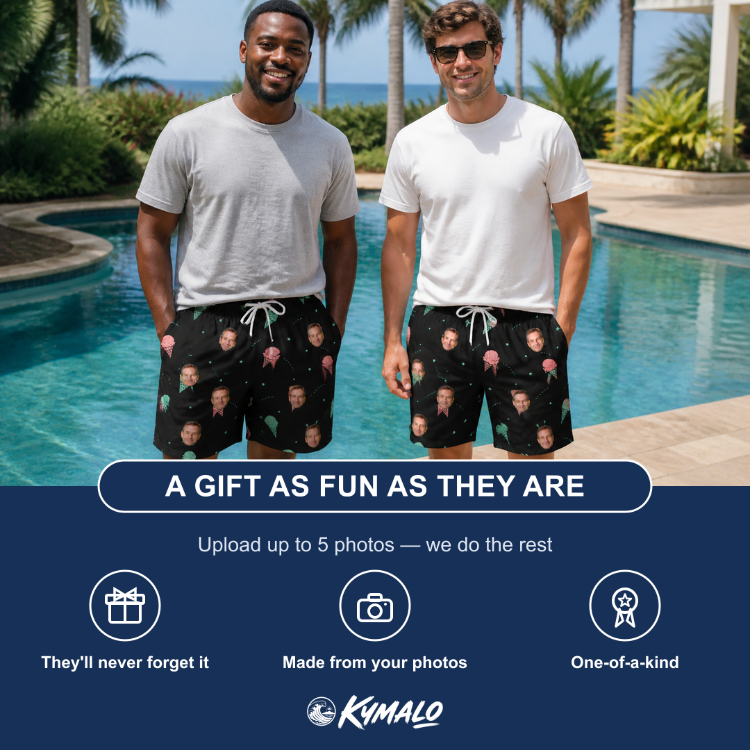 Friends in matching Men's Sundae Shore Custom Face Beach Shorts — a group gift photo