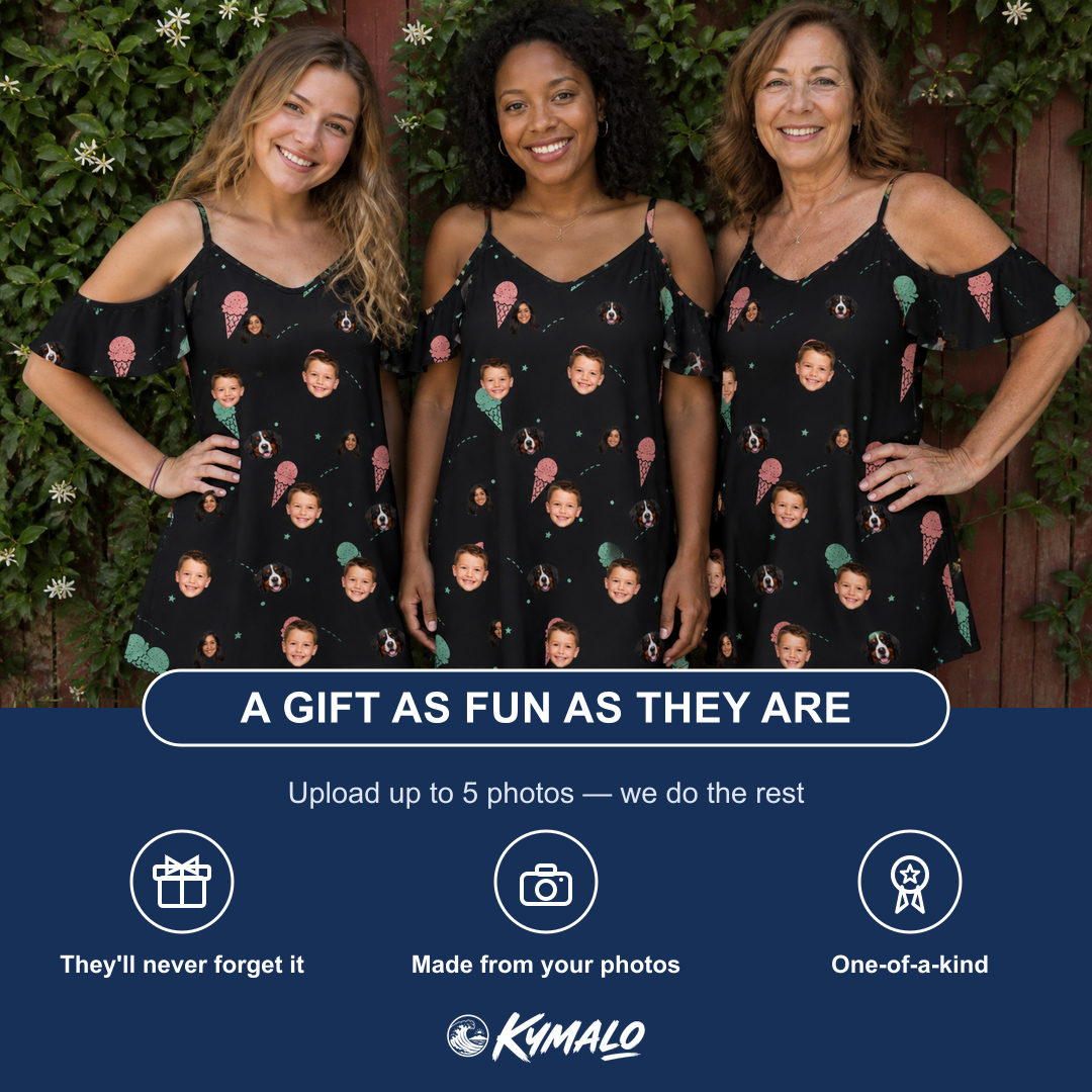 Friends in matching Women's Sundae Shore Custom Face Off-Shoulder Dress — a group gift photo
