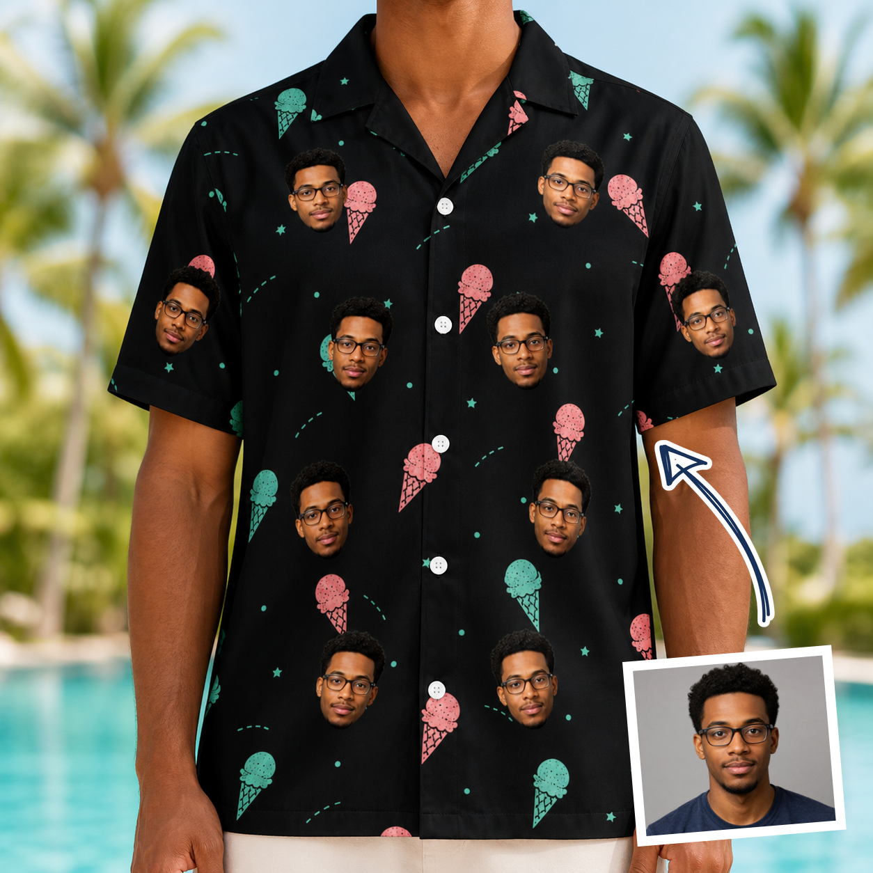Man wearing Men's Sundae Shore Custom Face Hawaiian Shirt — custom faces printed all-over