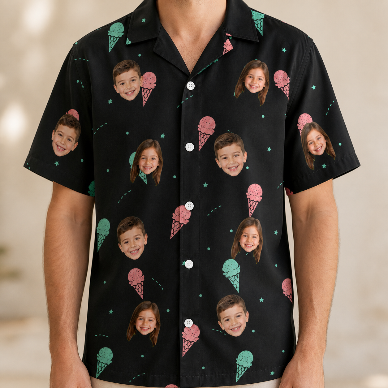 Model wearing Men's Sundae Shore Custom Face Hawaiian Shirt printed with kids' faces