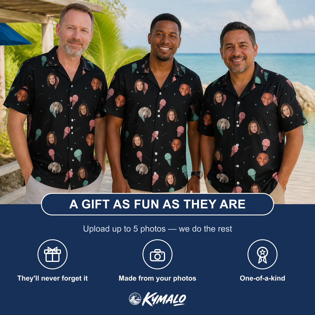 Friends in matching Men's Sundae Shore Custom Face Hawaiian Shirt — a group gift photo