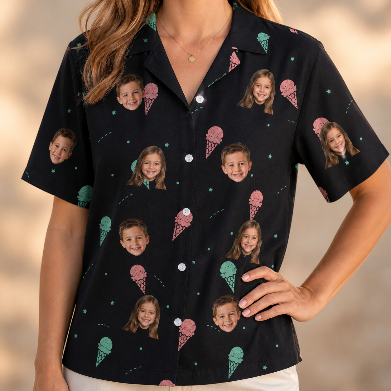 Model wearing Women's Sundae Shore Custom Face Hawaiian Shirt printed with kids' faces