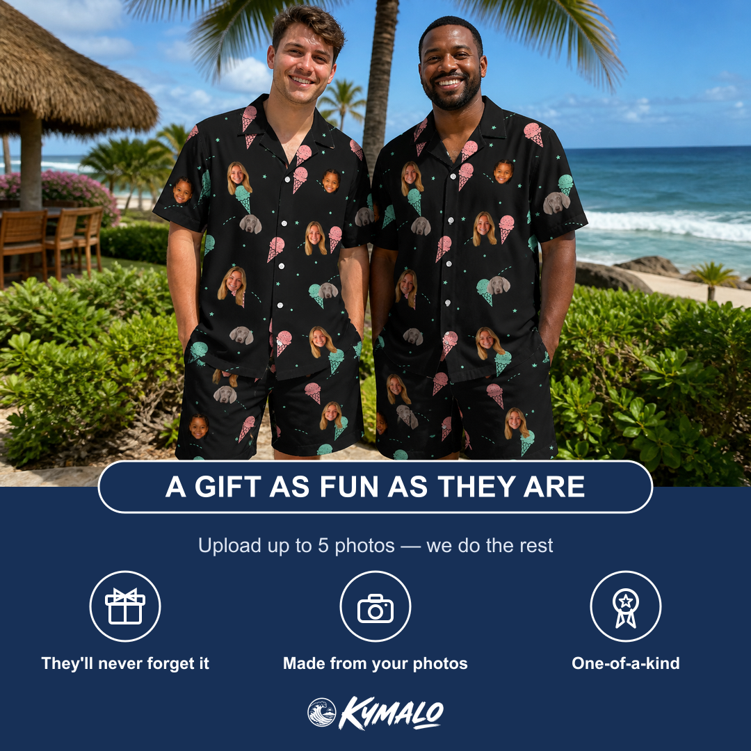 Friends in matching Men's Sundae Shore Custom Face Shirt & Shorts Set — a group gift photo