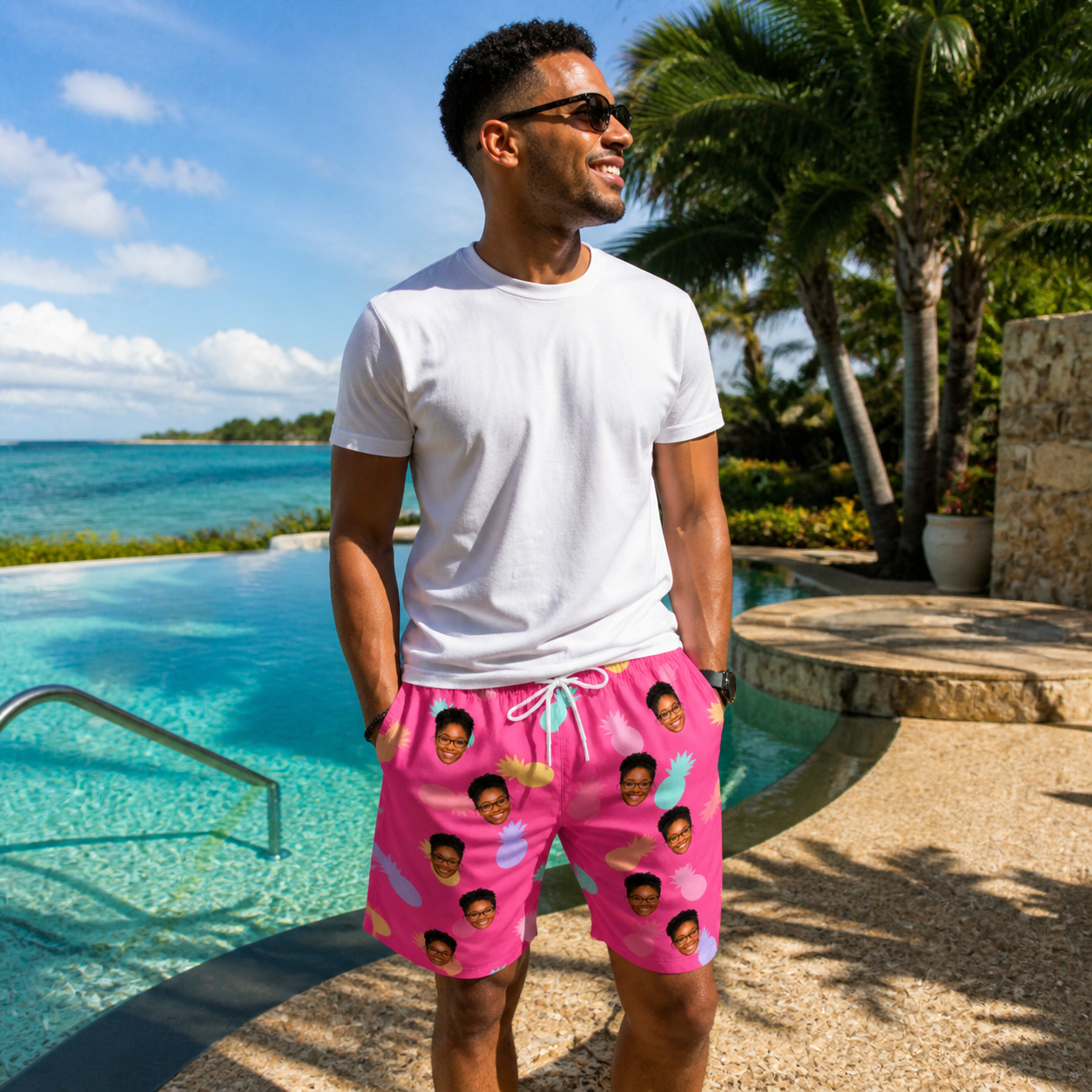 Real-life photo of someone wearing Men's Citrus Splash Custom Face Beach Shorts — custom faces printed all-over