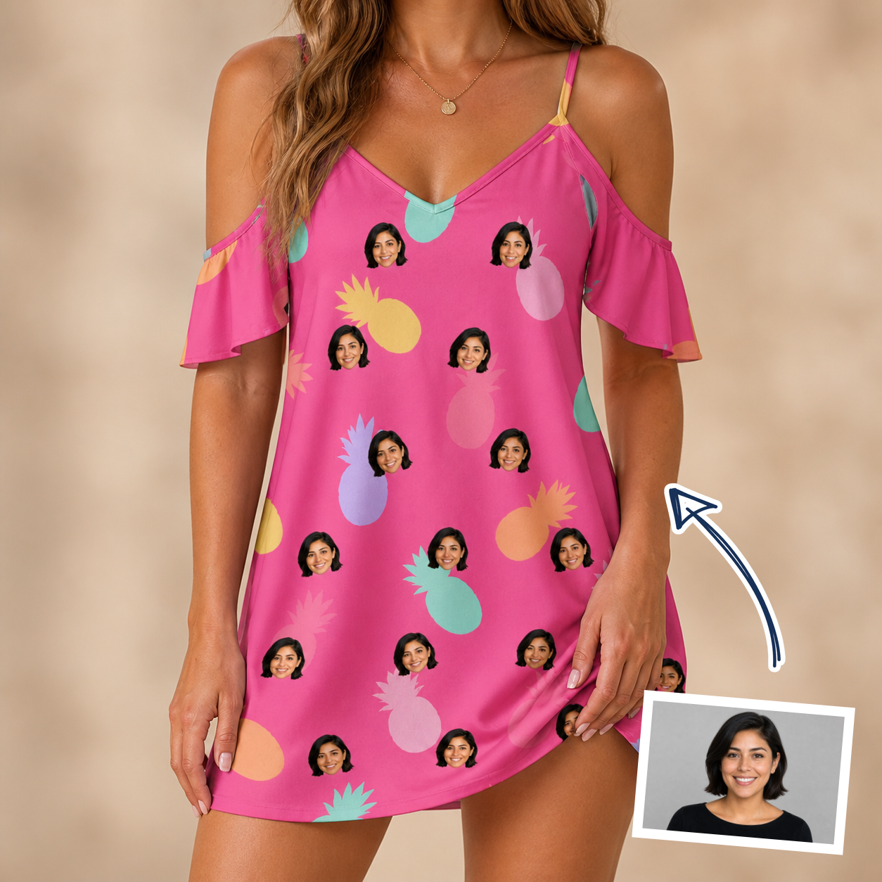 Woman wearing Women's Citrus Splash Custom Face Off-Shoulder Dress — custom faces printed all-over