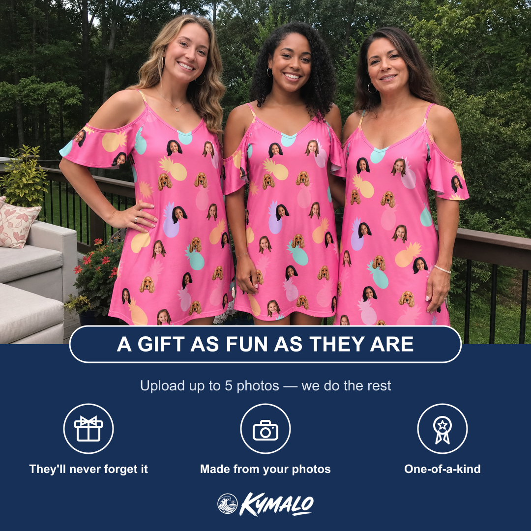 Friends in matching Women's Citrus Splash Custom Face Off-Shoulder Dress — a group gift photo