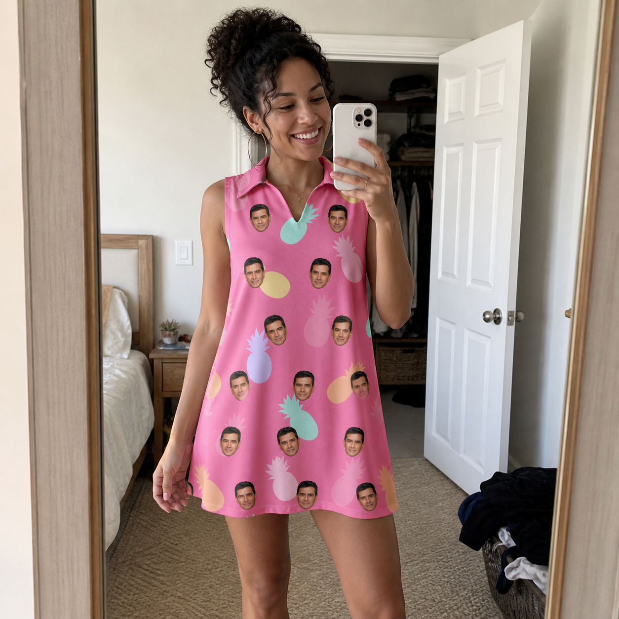 Real-life photo of someone wearing Women's Citrus Splash Custom Face V-Neck Dress — custom faces printed all-over
