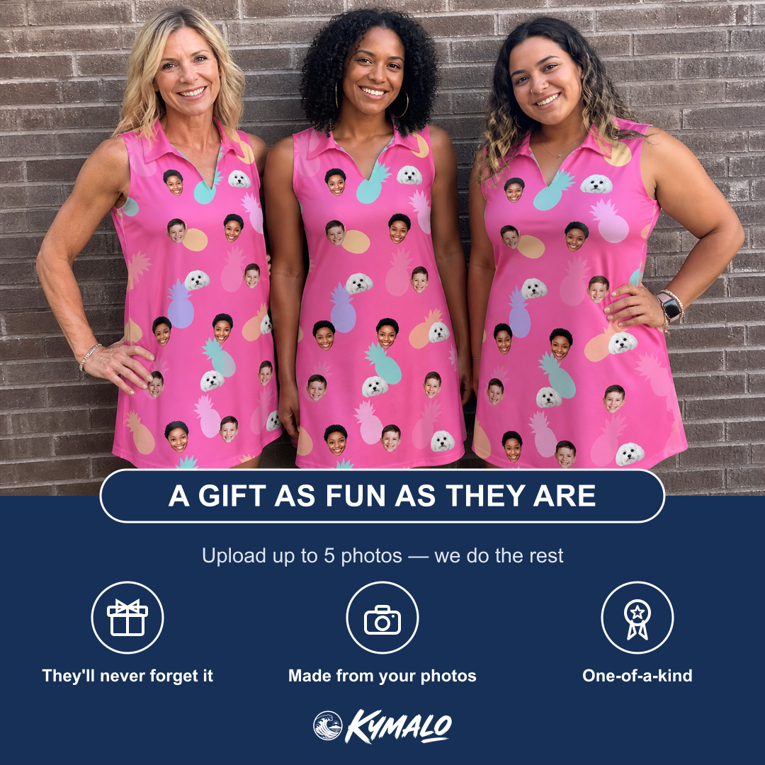 Friends in matching Women's Citrus Splash Custom Face V-Neck Dress — a group gift photo