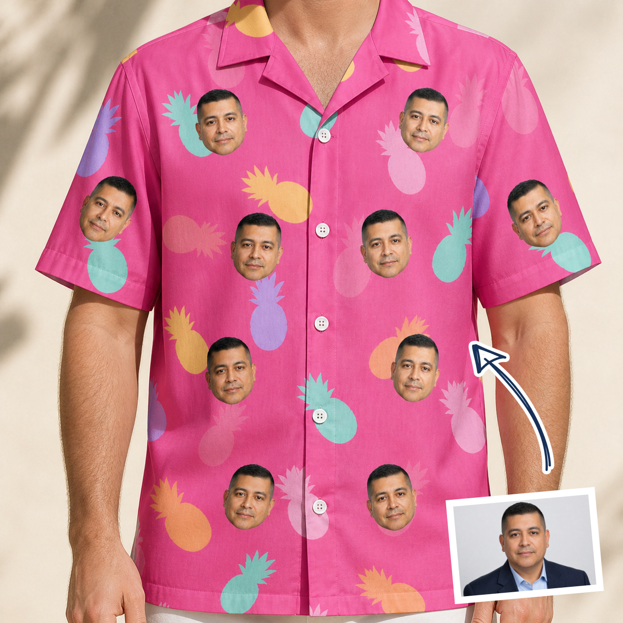 Man wearing Men's Citrus Splash Custom Face Hawaiian Shirt — custom faces printed all-over
