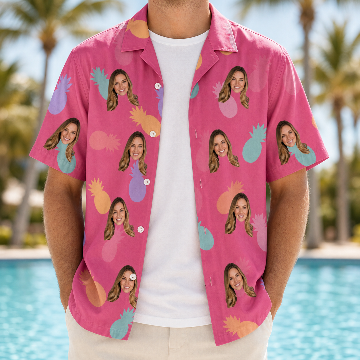 Man wearing Men's Citrus Splash Custom Face Hawaiian Shirt open over a white tee