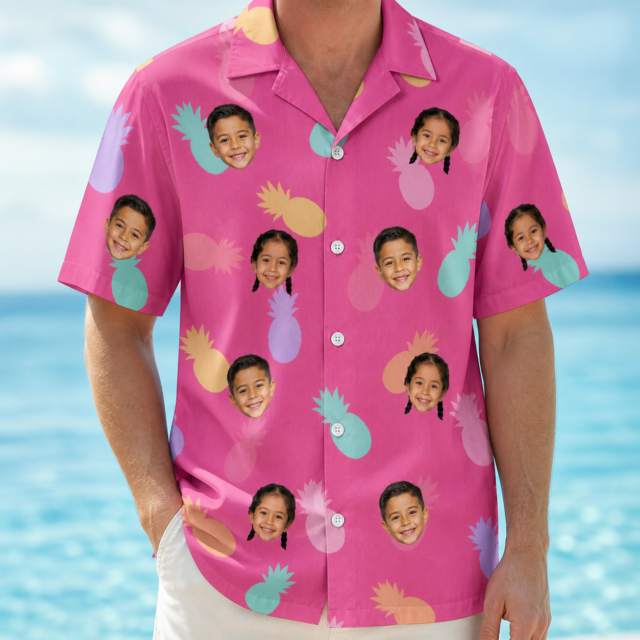 Model wearing Men's Citrus Splash Custom Face Hawaiian Shirt printed with kids' faces