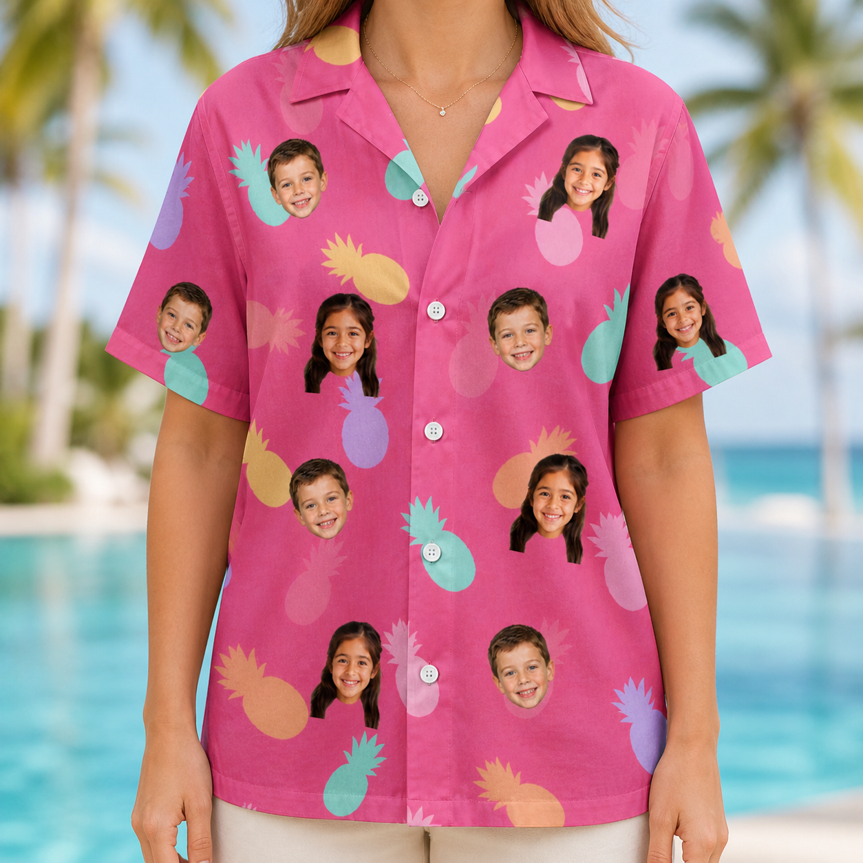 Model wearing Women's Citrus Splash Custom Face Hawaiian Shirt printed with kids' faces