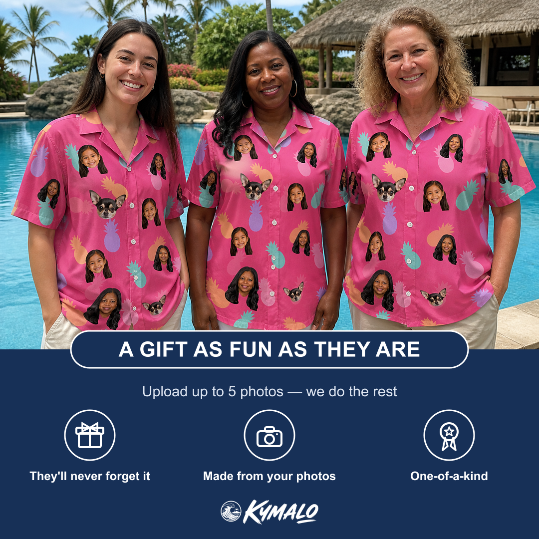 Friends in matching Women's Citrus Splash Custom Face Hawaiian Shirt — a group gift photo