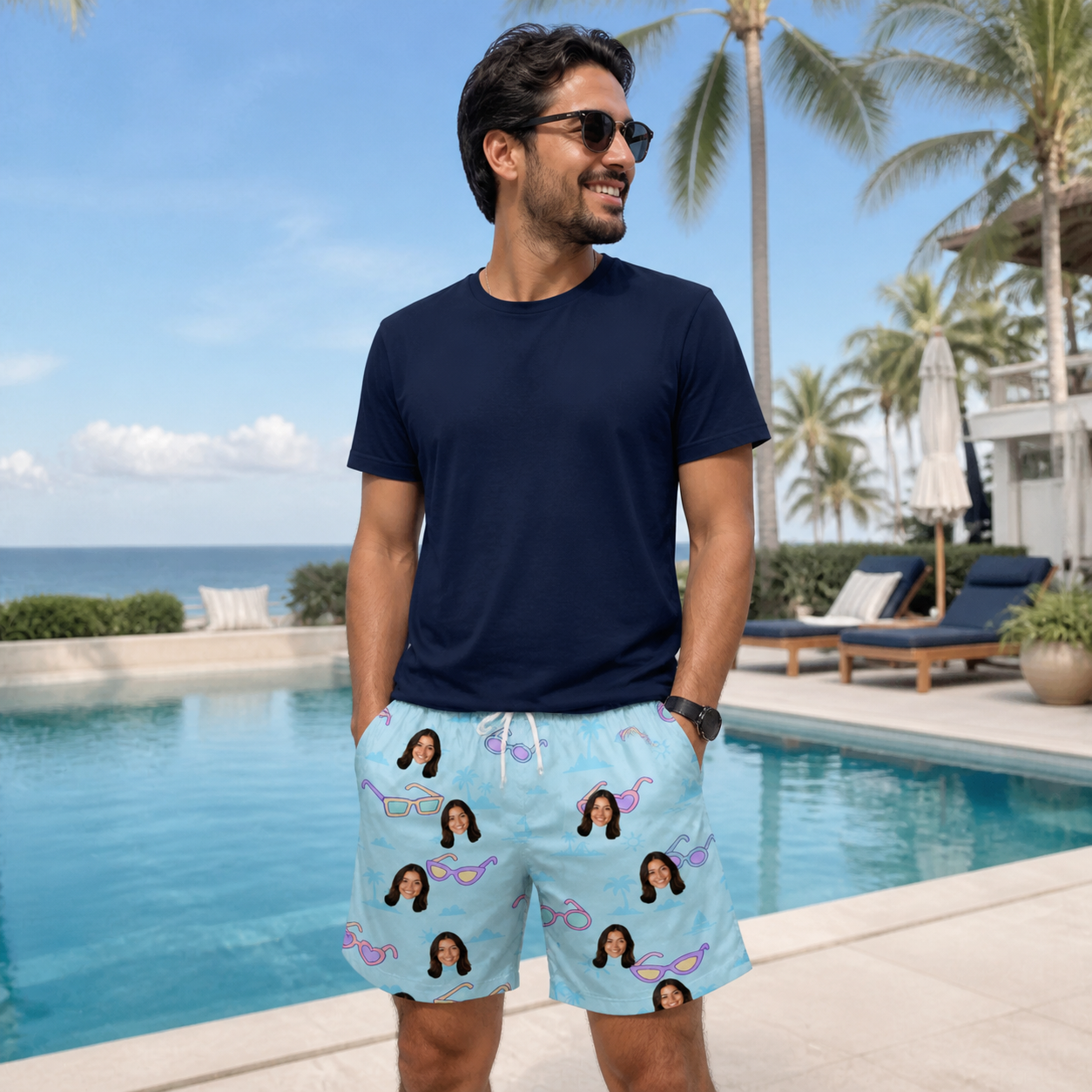 Real-life photo of someone wearing Men's Sunny Specs Custom Face Beach Shorts — custom faces printed all-over