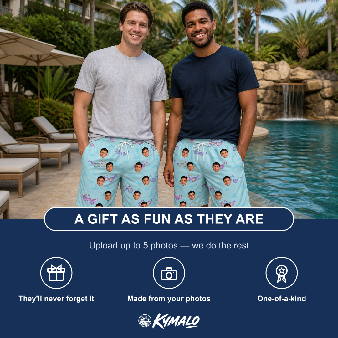 Friends in matching Men's Sunny Specs Custom Face Beach Shorts — a group gift photo